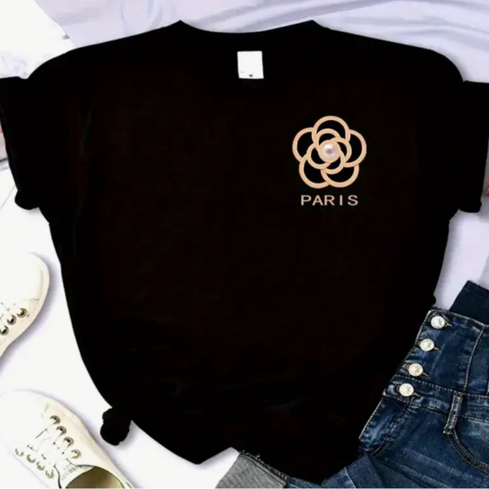 T shirt Paris Flower 3X women tee black short sleeve